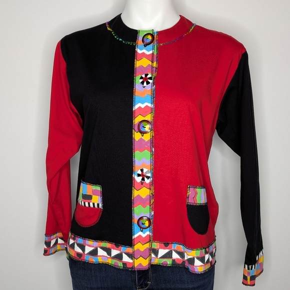 Vintage LRW Red Black Colorful Color Block Mixed Print Button Up Top M - Picture 1 of 7